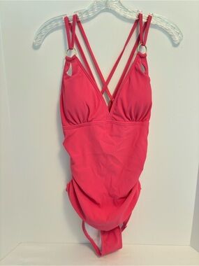 Charmo Tummy Control Ribbed Ruched V-Neck One Piece Swimsuit Pink Size L New